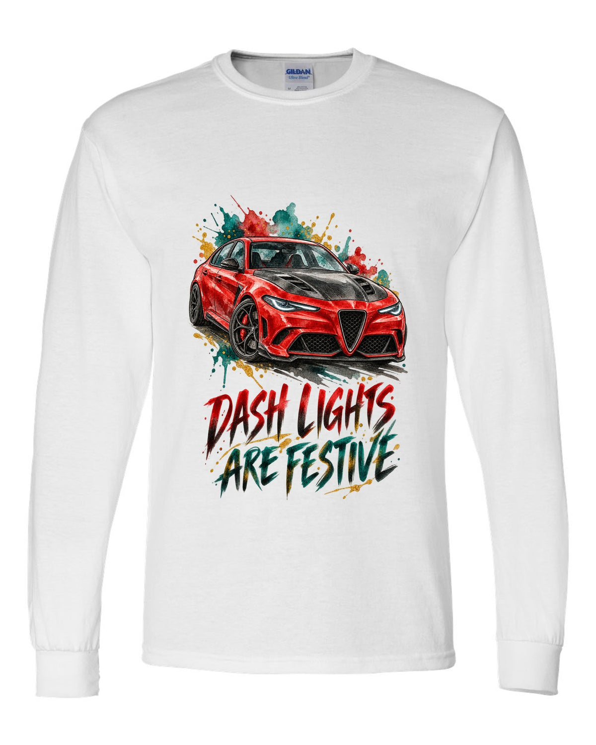 Watercolour ink illustration of an Alfa Romeo Giulia Quadrifoglio 952 with dash lights text on a tee back white long sleeve front view with the design