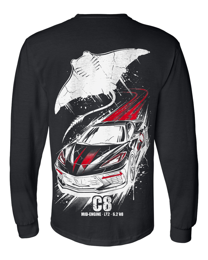 C8 Corvette Manta Long Sleeve T-Shirt — Black back