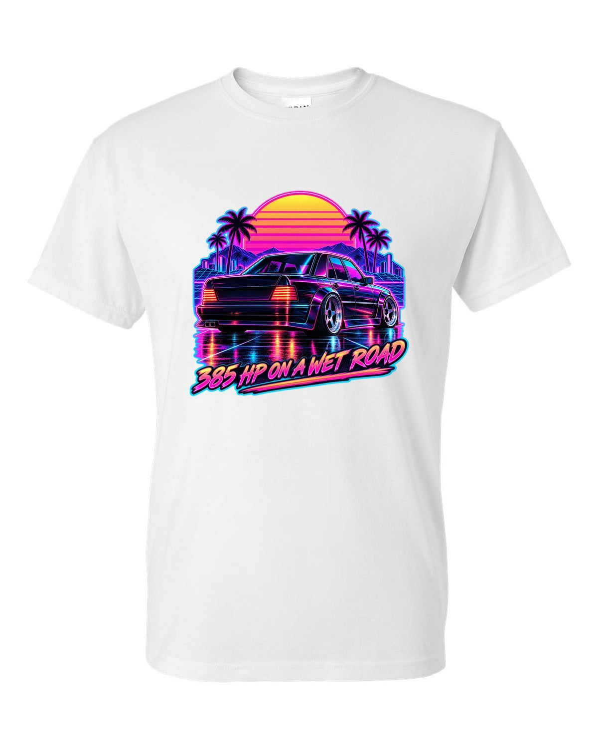 Synthwave outrun print of Mercedes 300E Hammer W124 taillights on a wet road white t-shirt front view with the design