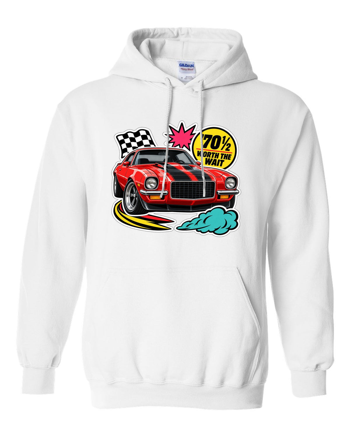 Sticker-bomb collage with die-cut edges of a 1970 Chevrolet Camaro Z28 white pull over hoodie front view with the design
