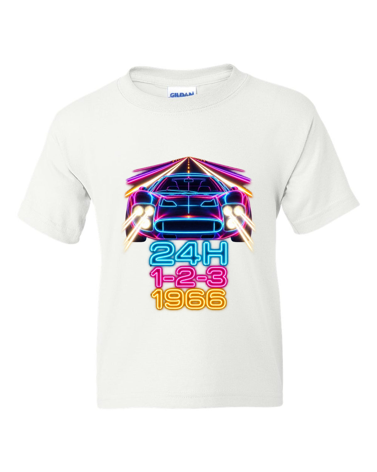 Neon long-exposure light trail print of a 1966 Ford GT40 Mk II with 24H 1-2-3 lettering white kids tee front view with the design