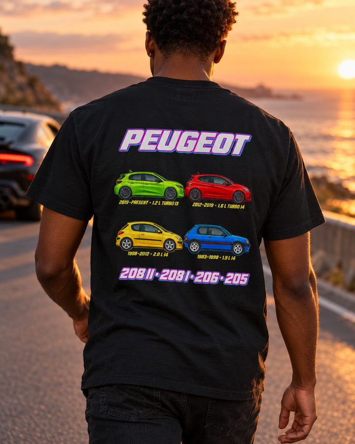 Peugeot 205 Evolution Poster Full-Back Graphic Tee T-Shirt Black worn hero