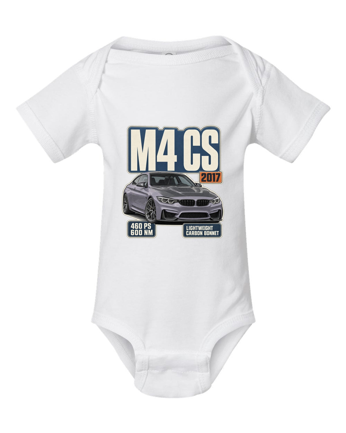 BMW M4 CS F82 editorial headline print design white baby onesie front view with the design