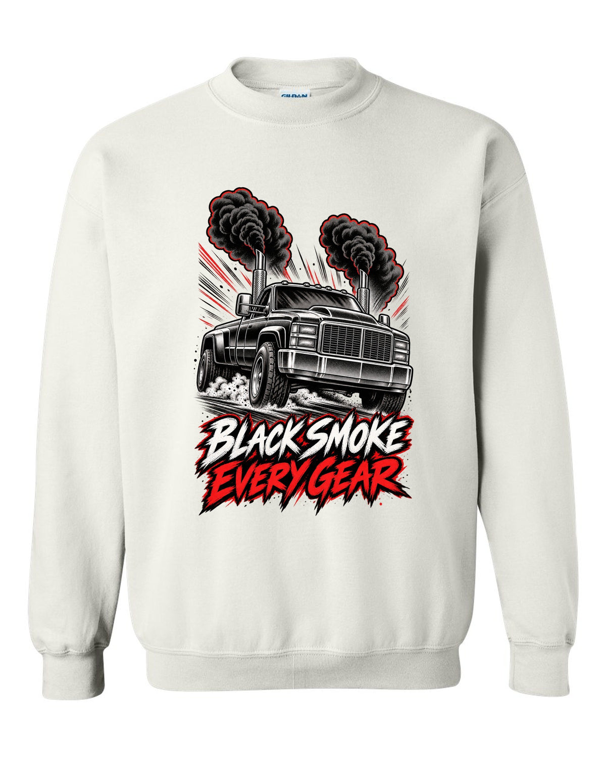 Retro manga halftone panel print of a 1994-1998 Dodge Ram 2500 12V Cummins with black smoke white crewneck front view with the design