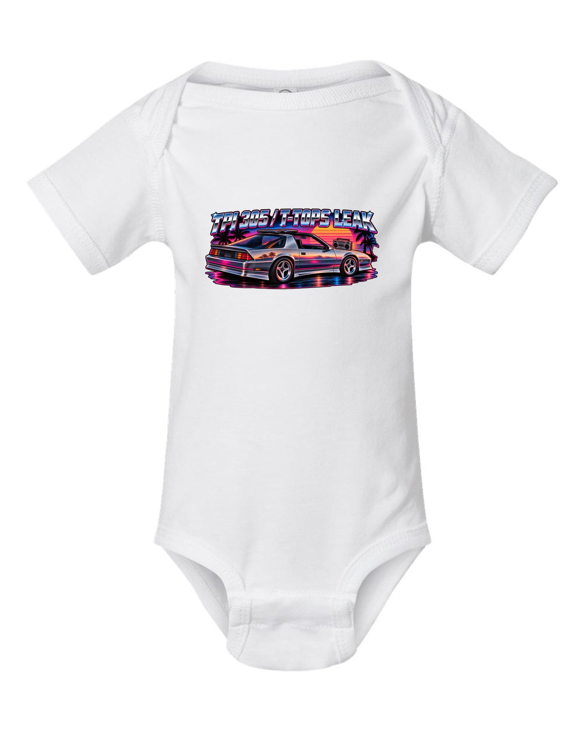 80s airbrush art with chrome type and lightning bolts of a 1985 Chevrolet Camaro IROC-Z white baby onesie front view with the design