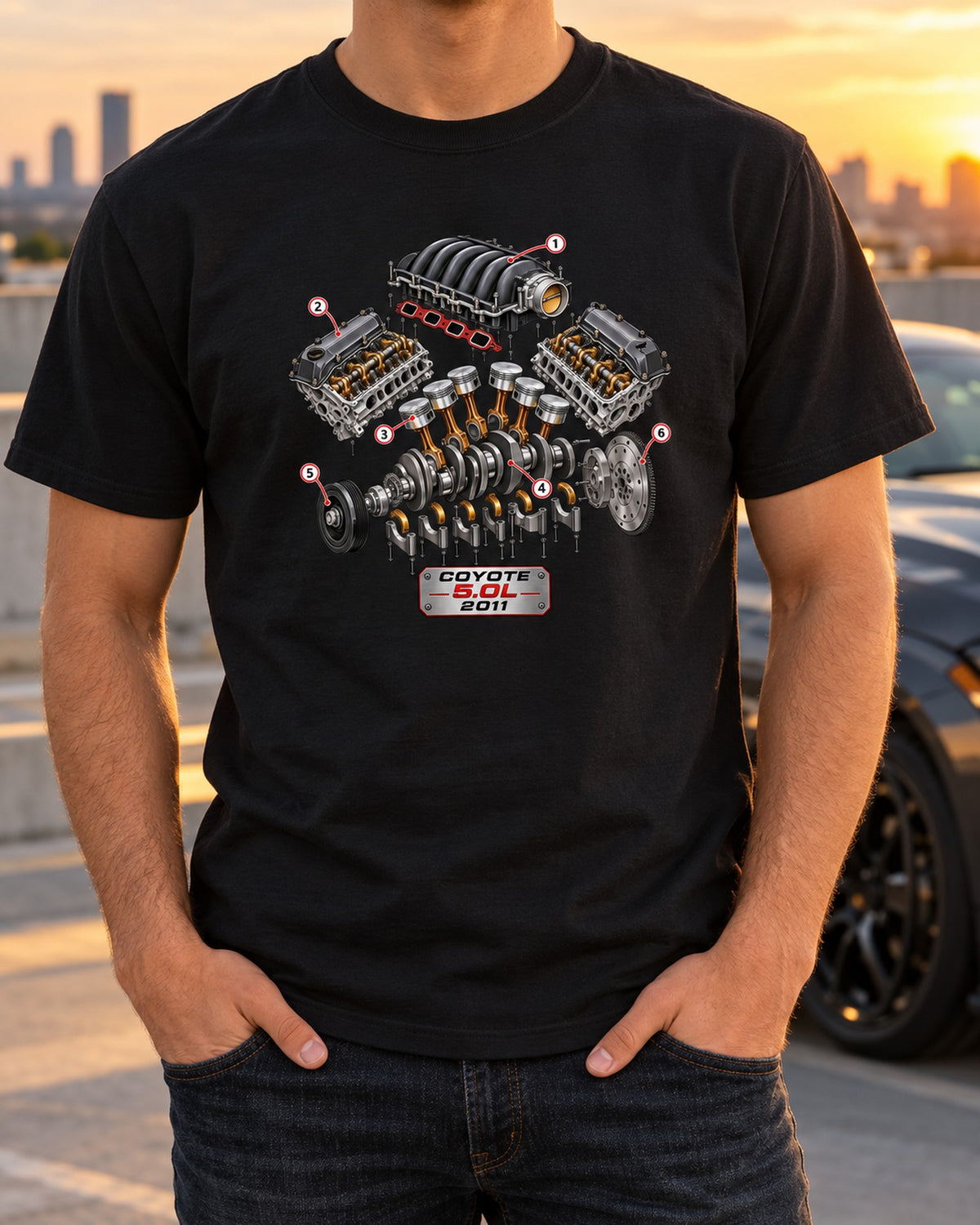 Ford Coyote 5.0L Exploded Engine Block Shirt, S197 Mustang T-Shirt Black worn hero