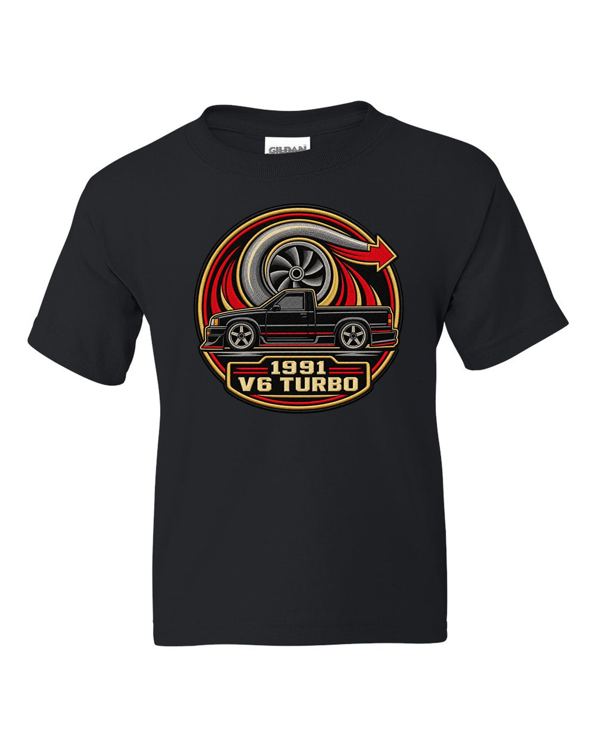 Varsity round embroidery-style design for a 1991 GMC Syclone reading 1991 / V6 TURBO black kids tee front view with the design