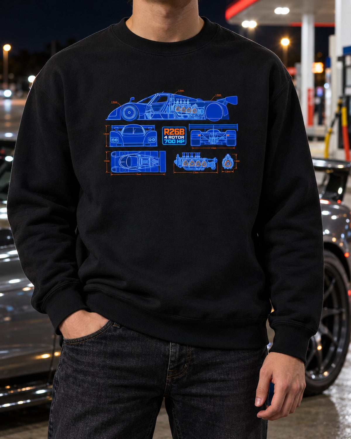 Mazda 787B R26B Engine Cutaway Blueprint Shirt, 4 Rotor Crewneck Black worn hero
