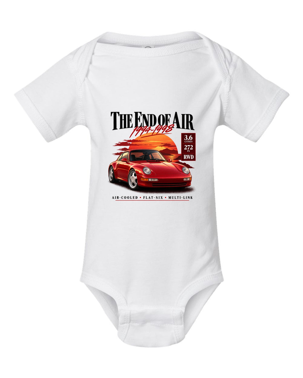 Archive panel print of a Porsche 911 Carrera (993) coupe with the heading The End Of Air and spec list white baby onesie front view with the design