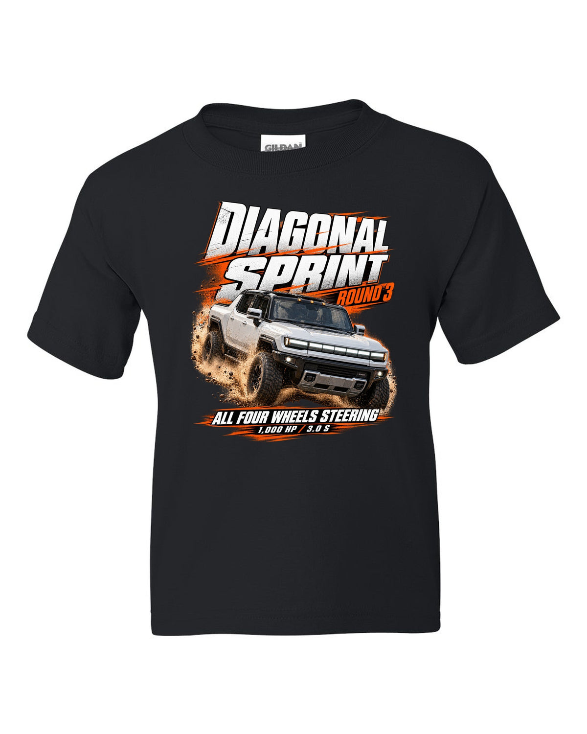 Race poster print of a 2022 GMC Hummer EV pickup EV3X with diagonal sprint text black kids tee front view with the design