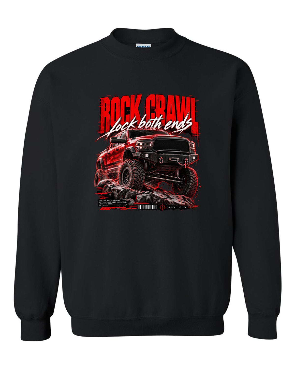 Street poster print of a 2019-2024 Ram 2500 Power Wagon with winch bumper black crewneck front view with the design