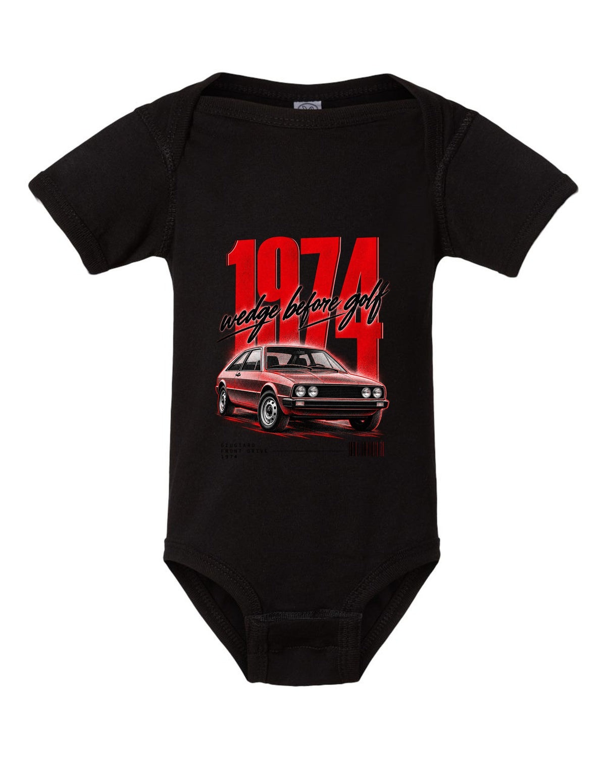 Street poster print of a VW Scirocco Mk1 front three-quarter with wedge before Golf 1974 text black baby onesie front view with the design