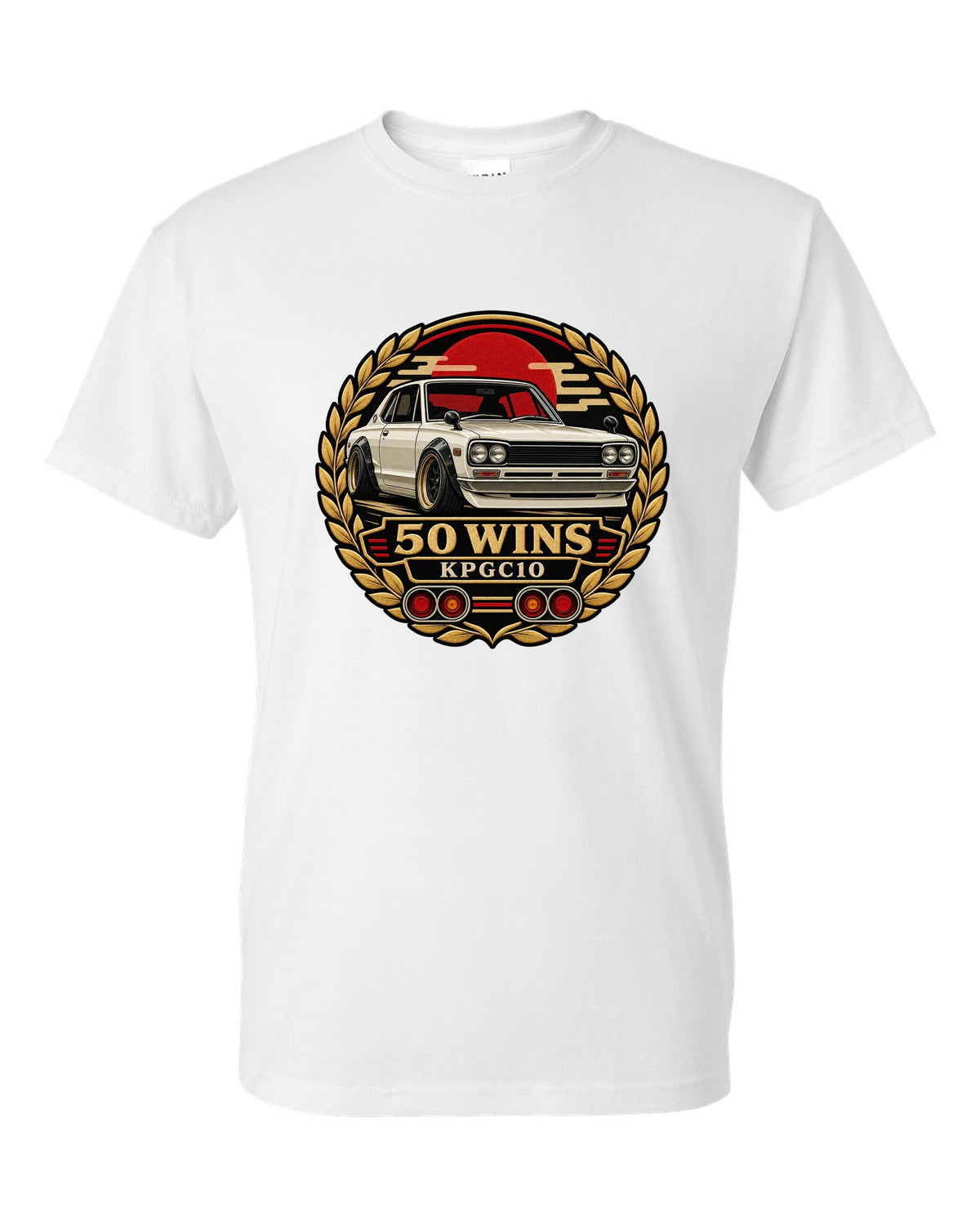 Round crest print for the Skyline Hakosuka KPGC10 with 50 Wins lettering white t-shirt front view with the design