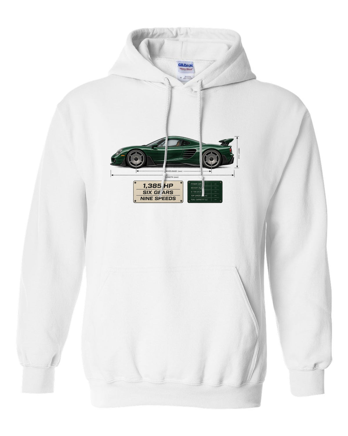 Blueprint print of the Koenigsegg CC850 with the text 1,385 hp, six gears, nine speeds white pull over hoodie front view with the design