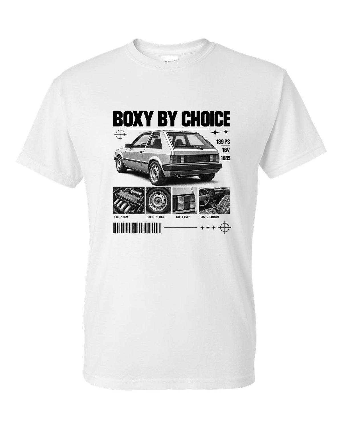 VW Golf Mk2 GTI 16V 1985 rear three-quarter in dossier panels with 139 PS text white t-shirt front view with the design