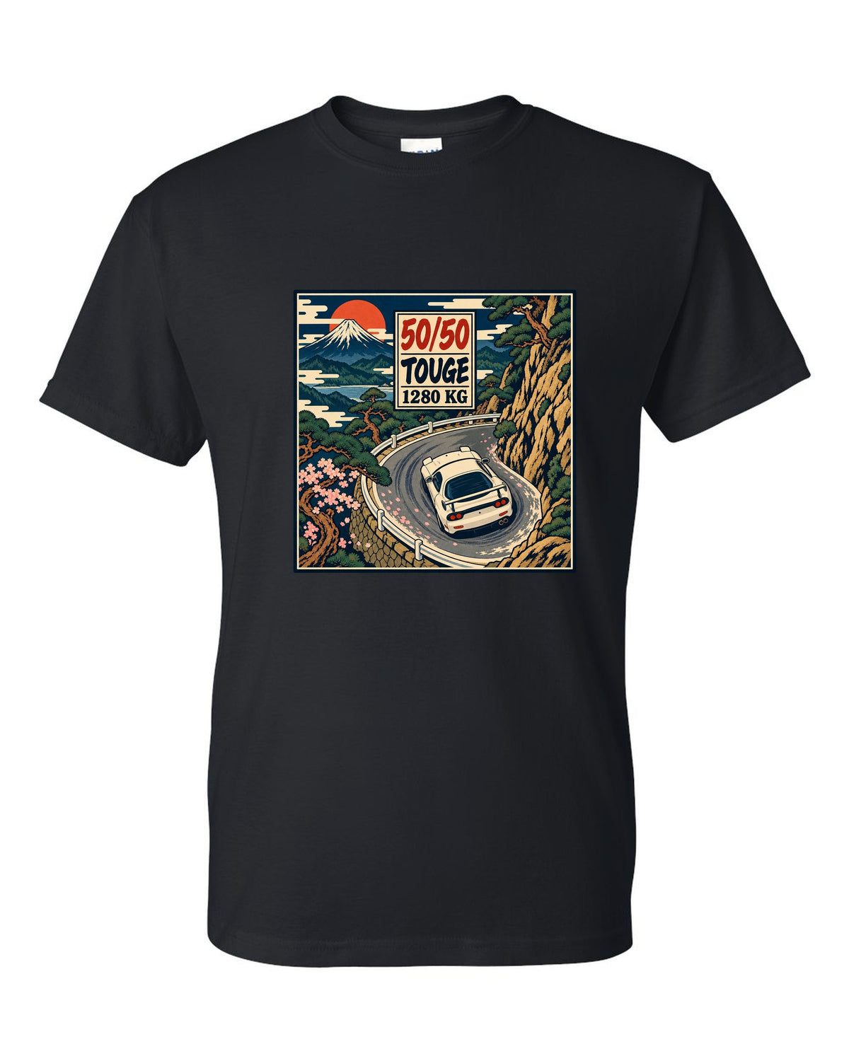 Lo-fi anime harbour dusk scene with a Mazda RX-7 FD3S and SA22C and HIROSHIMA lettering black t-shirt front view with the design