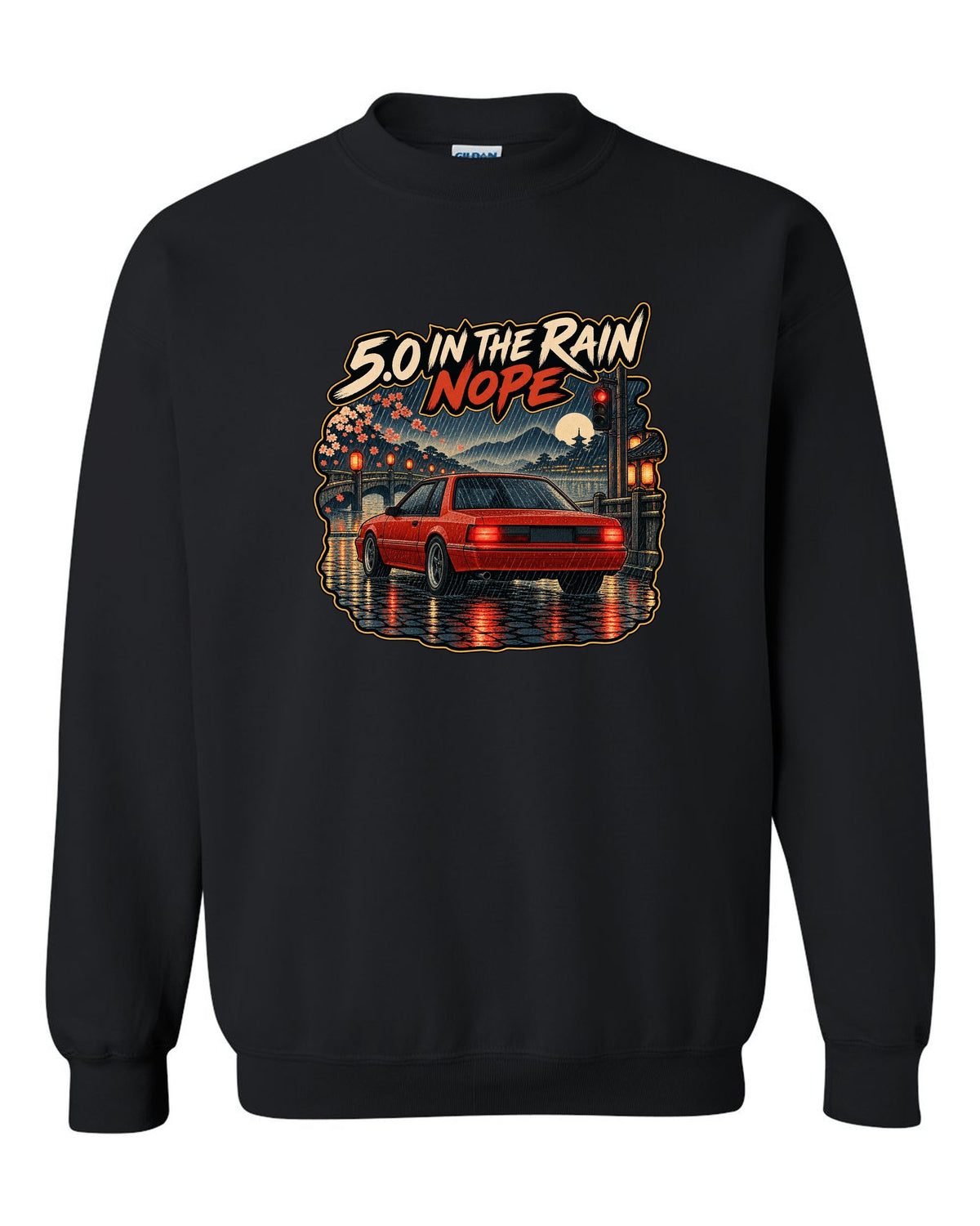Woodblock style 1990 Ford Mustang Fox Body notchback in rain with 5.0 caption black crewneck front view with the design