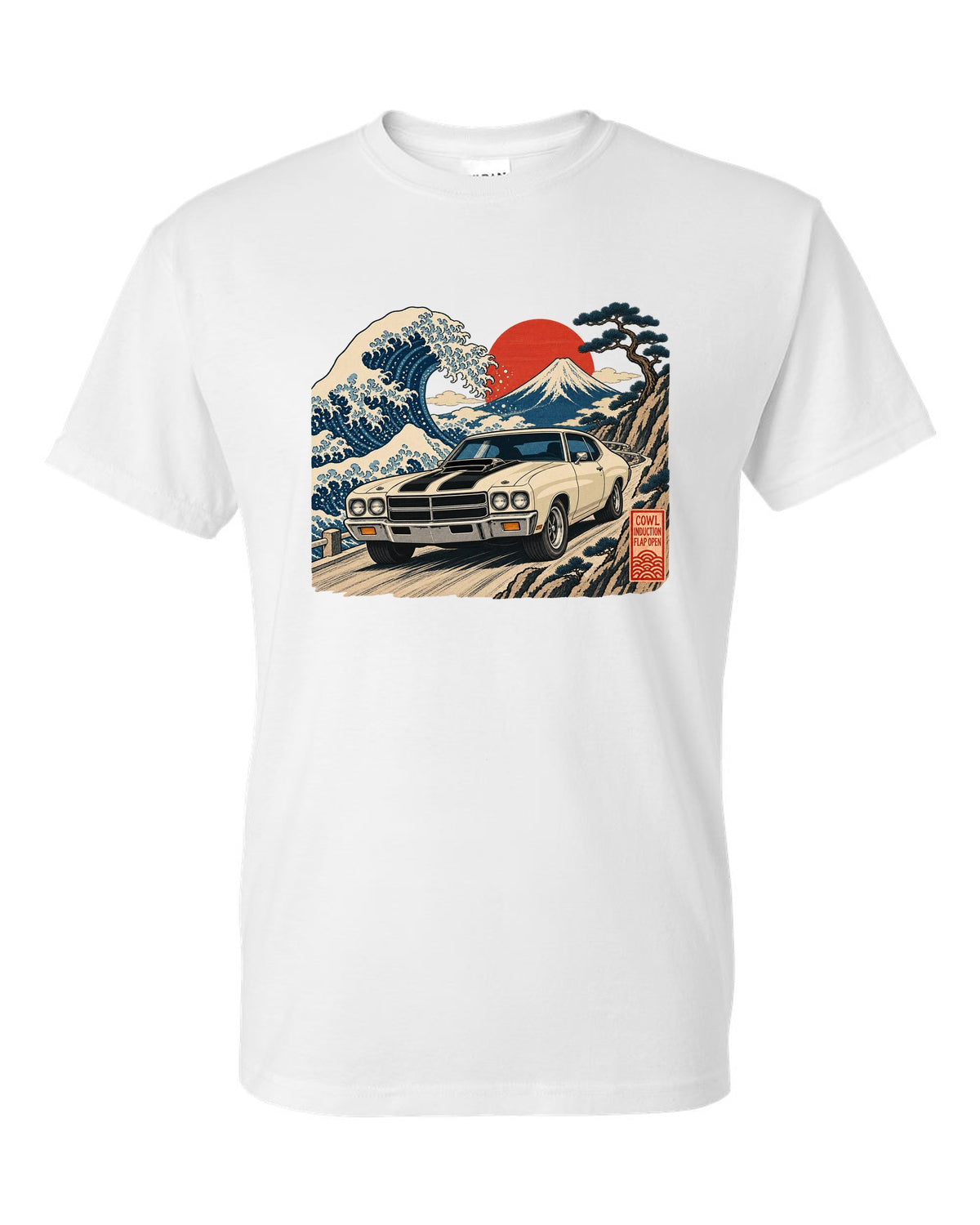 Ukiyo-e woodblock print of a 1970 Chevelle SS with the text Cowl Induction, Flap Open white t-shirt front view with the design