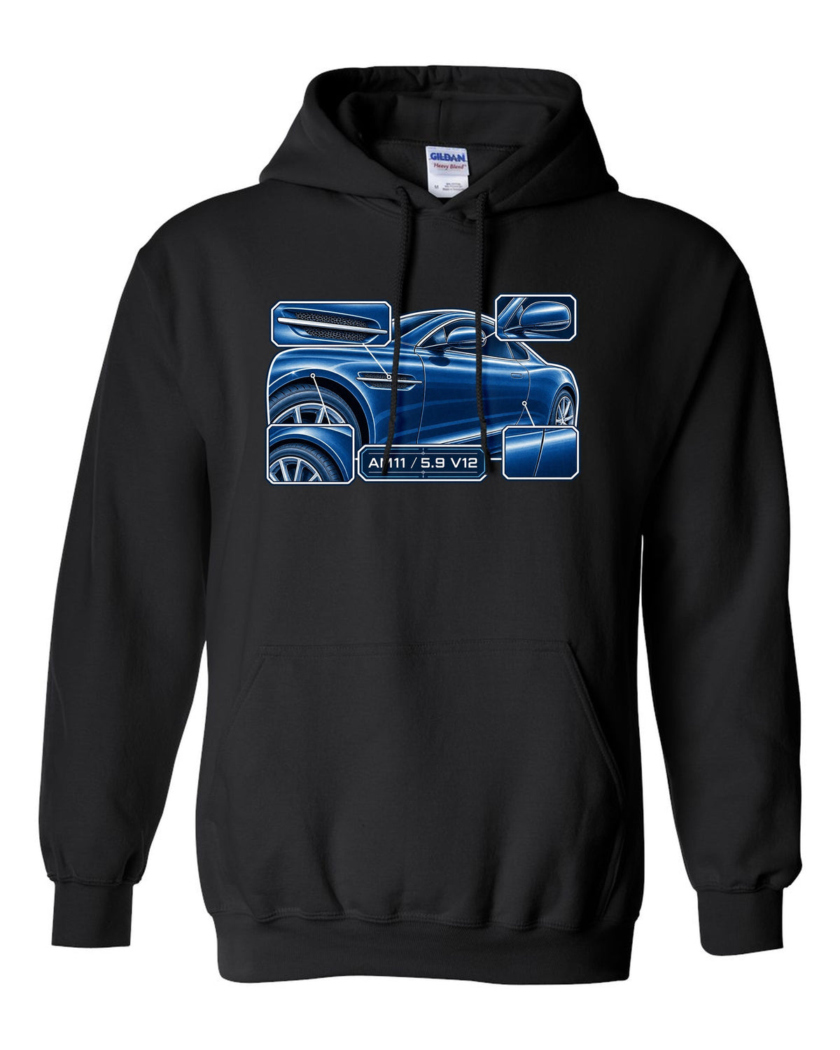 Aston Martin DB9 cyanotype blueprint with AM11 5.9 V12 lettering black pull over hoodie front view with the design