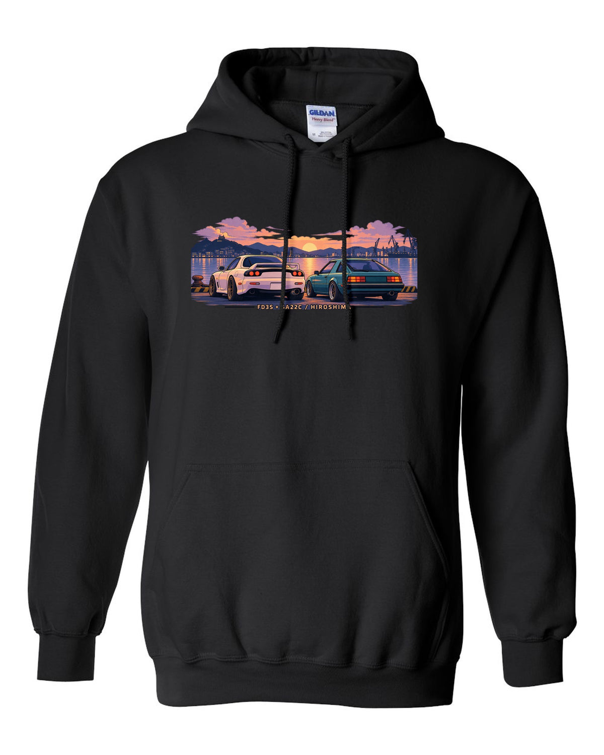 Ukiyo-e woodblock illustration of a Mazda RX-7 FD3S on a touge hairpin with 50/50 / 1280 KG lettering black pull over hoodie front view with the design