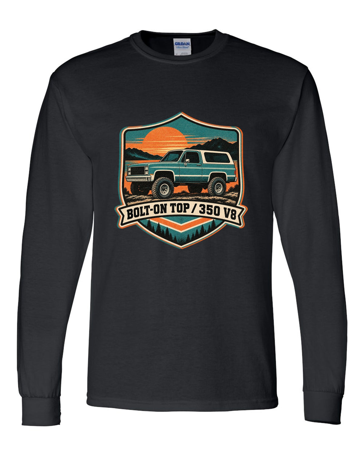 Risograph-style sunset print of a 1973-91 Chevrolet K5 Blazer with BOLT-ON TOP and 350 V8 text black long sleeve front view with the design