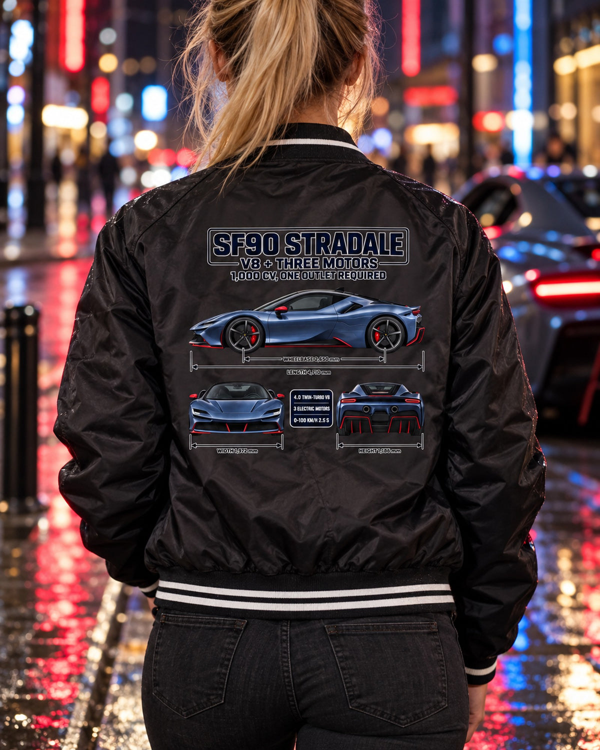 Ferrari SF90 Stradale Three-View Spec Sheet Tee Bomber Jacket Black worn hero