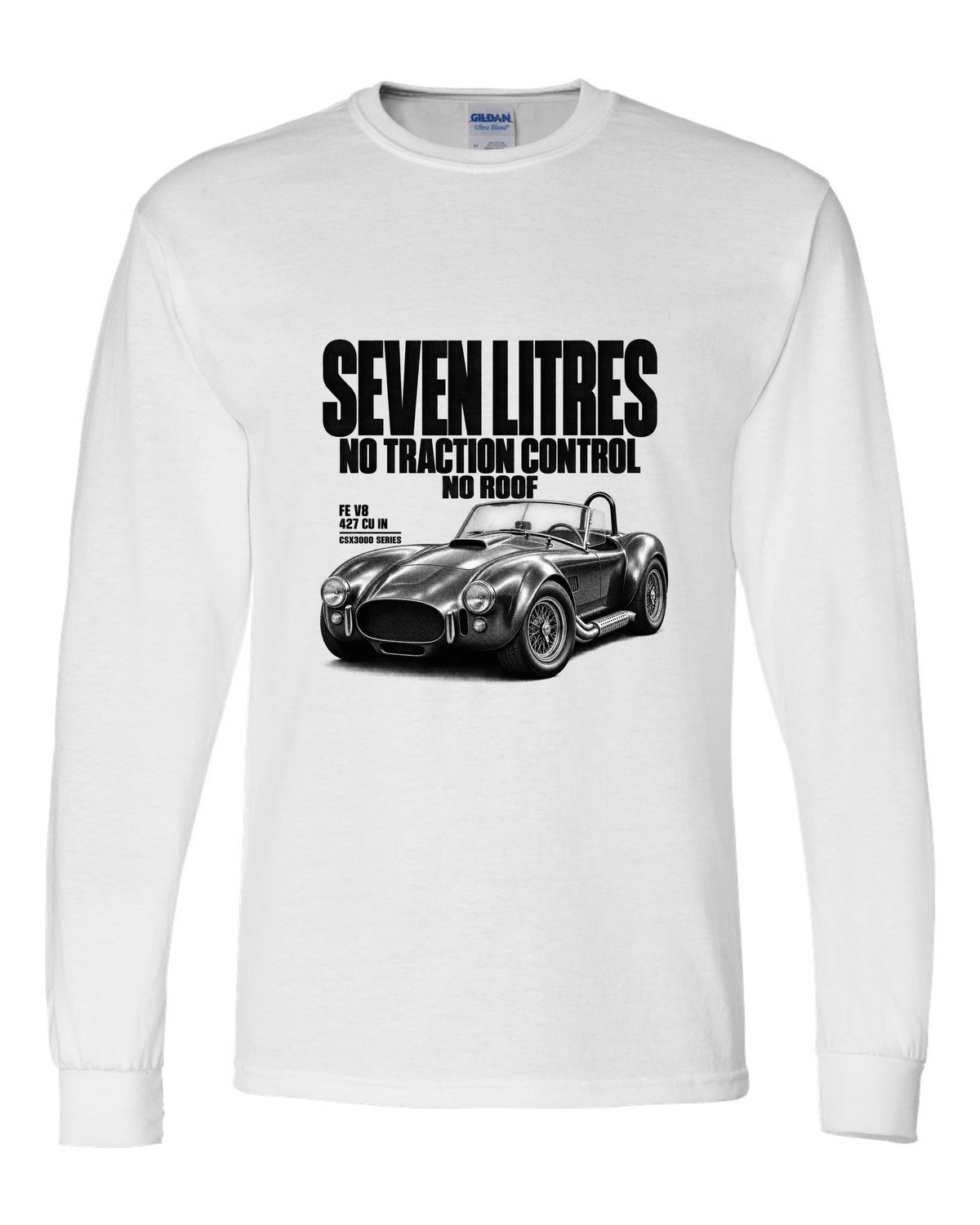 Shelby Cobra 427 Side-Oiler Halftone white long sleeve front view with the design