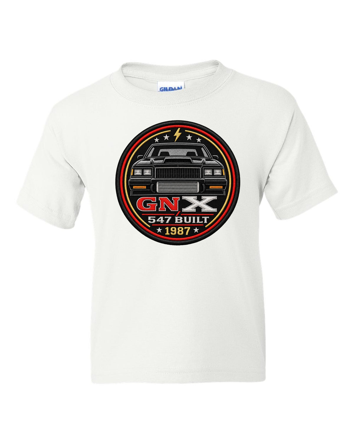 1987 Buick GNX coupe inside a round crest design with 547 built text white kids tee front view with the design