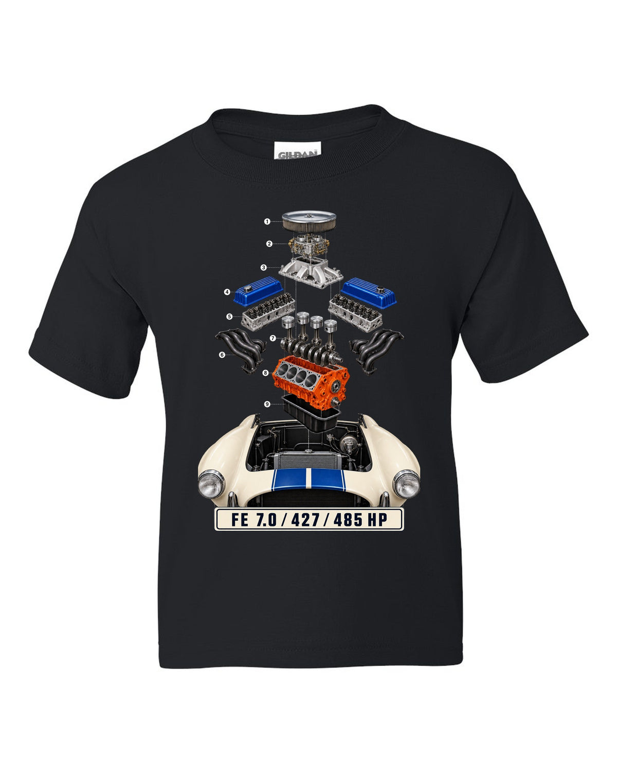 Isometric exploded view print of a Shelby Cobra 427 engine bay with FE 7.0 lettering black kids tee front view with the design