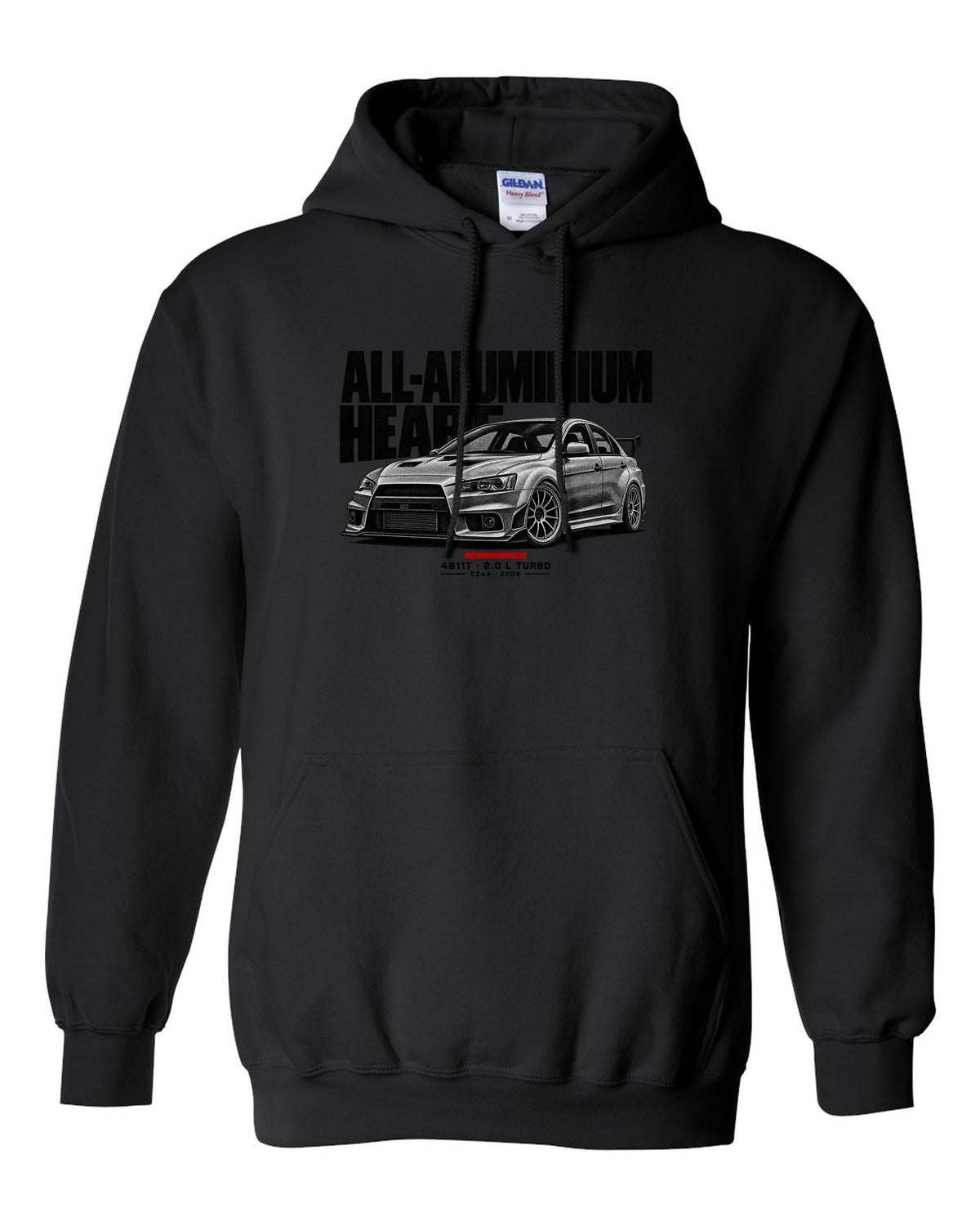 Halftone Mitsubishi Lancer Evolution X CZ4A with all-aluminium 4B11T text black pull over hoodie front view with the design