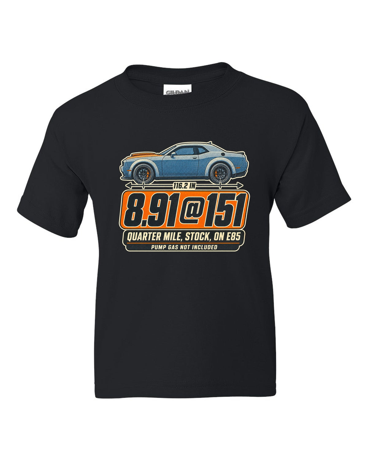 Dodge Challenger SRT Demon 170 halftone print with quarter mile time on E85 black kids tee front view with the design