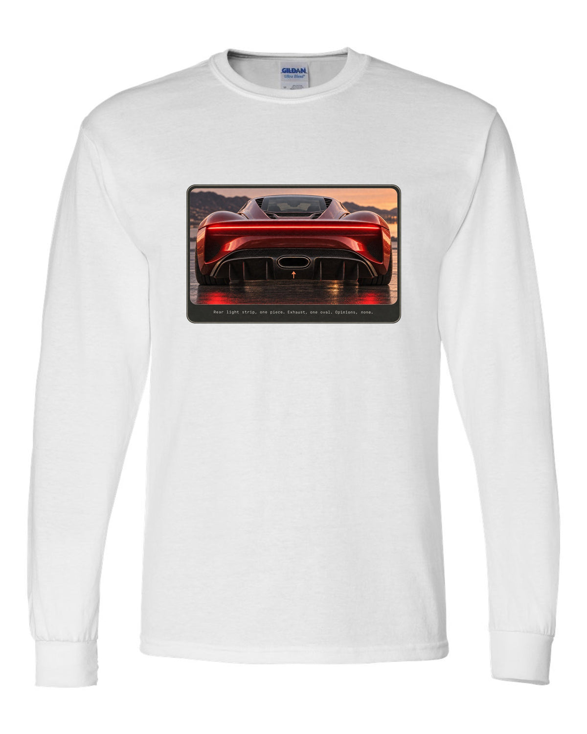 Bugatti Chiron rear light strip and oval exhaust macro print white long sleeve front view with the design
