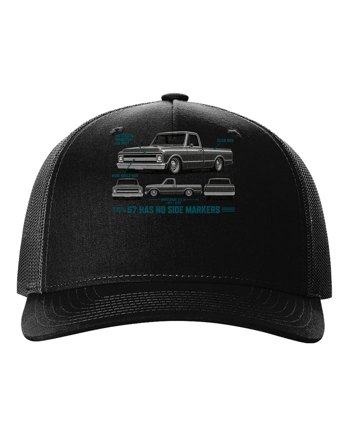 Chevrolet C10 Fleetside 1967-72 Spec Strip black hat front view with the design