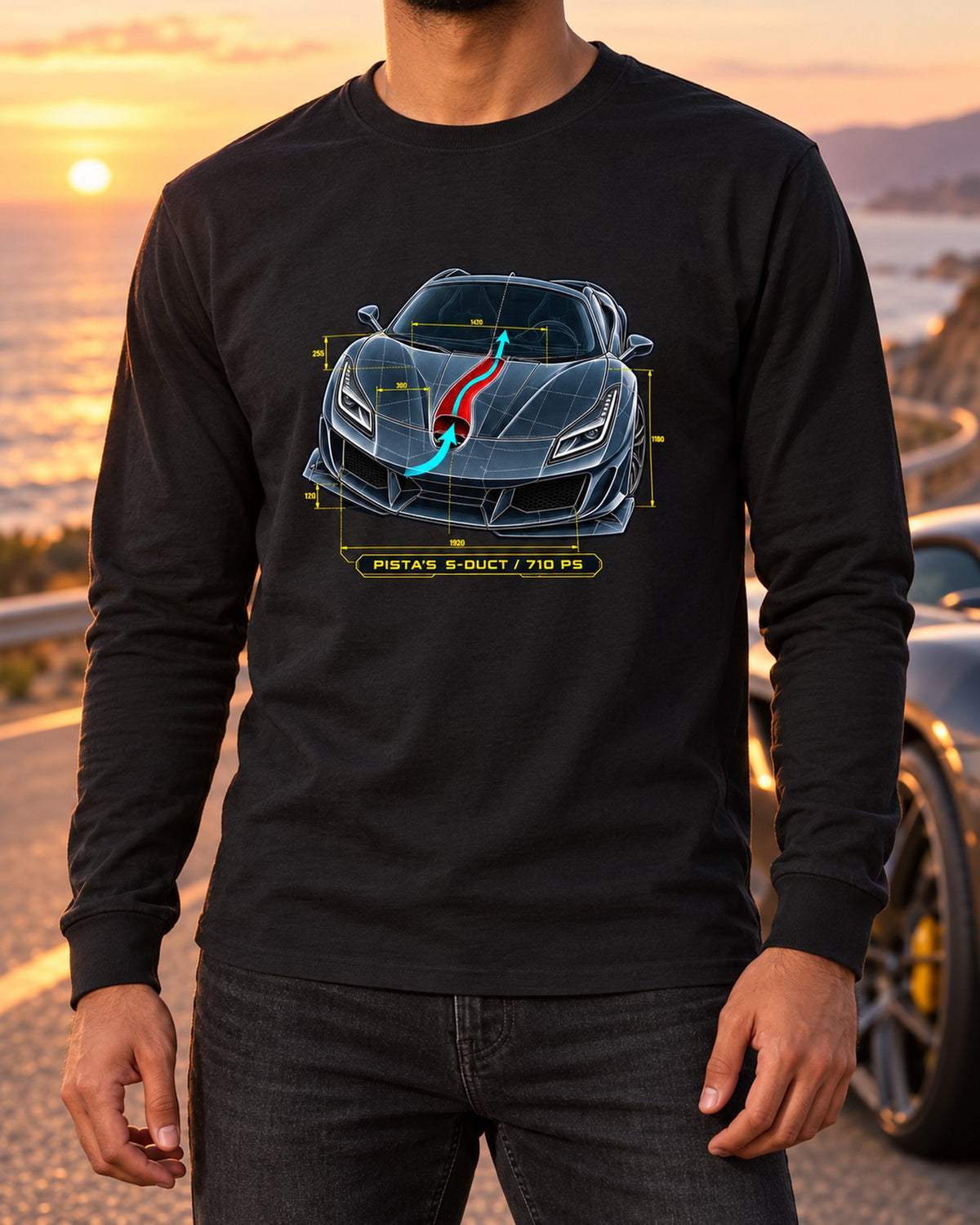 S-Duct Blueprint Tee for Ferrari F8 Tributo Owners Long Sleeve Black worn hero
