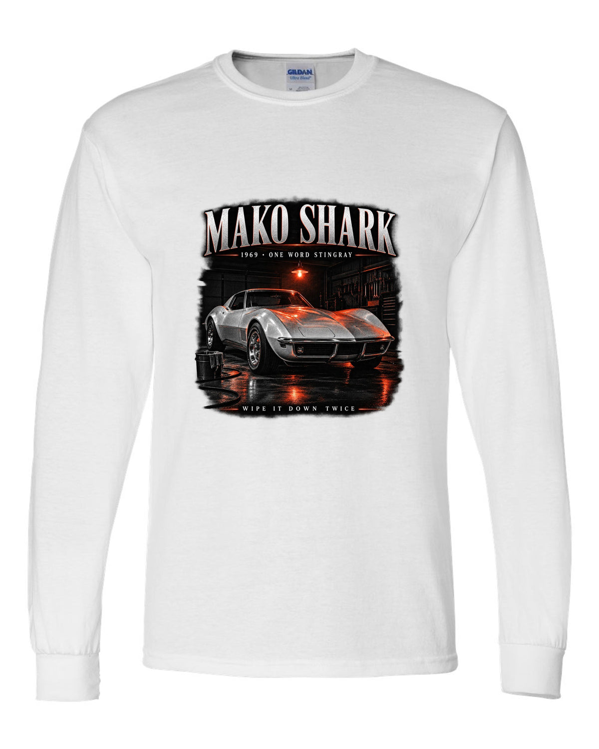 Chevrolet Corvette C3 Stingray 1969 coupe garage night print Mako Shark white long sleeve front view with the design