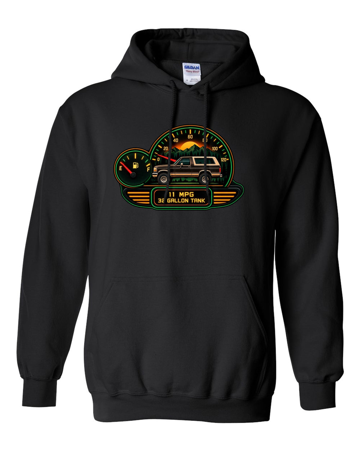 Gauge-cluster HUD style art of a 1987-91 Ford Bronco Brick-Nose dash with 11 MPG 32 GALLON TANK readouts black pull over hoodie front view with the design