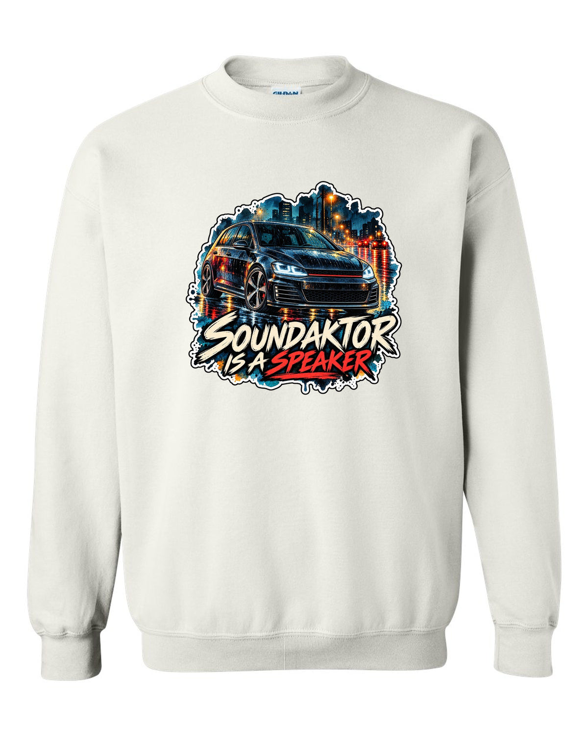 Watercolour wet-road night scene of a VW Golf Mk7 GTI with Soundaktor is a speaker text white crewneck front view with the design