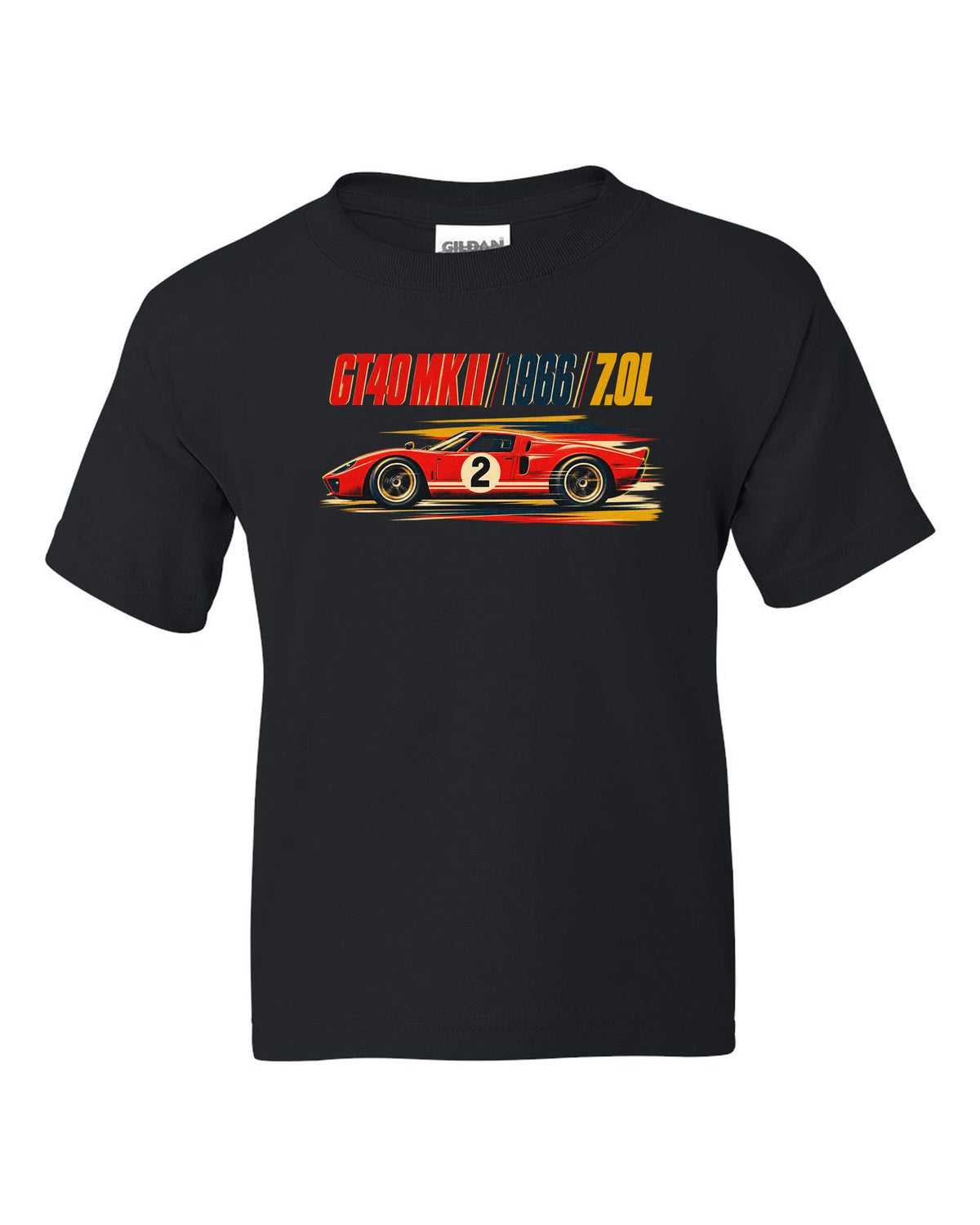 Vintage litho race poster of a 1966 Ford GT40 Mk II with 7.0L lettering black kids tee front view with the design