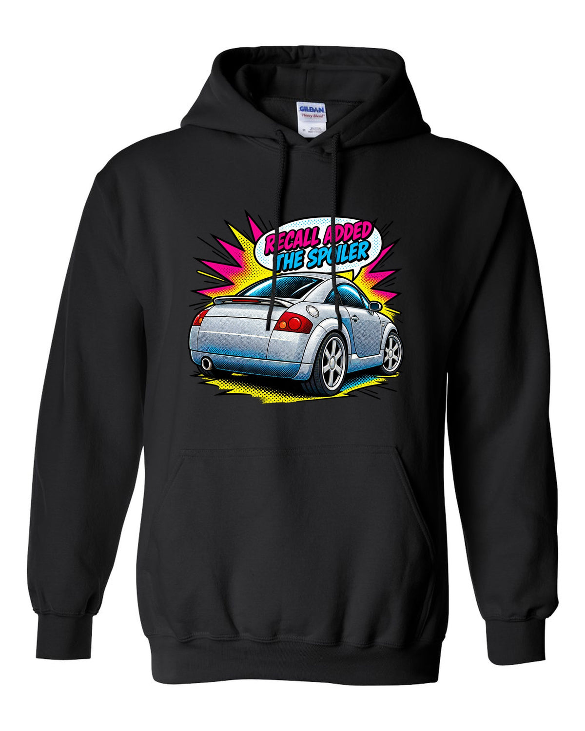 Comic halftone pop art print of an Audi TT Coupe 8N with spoiler recall caption black pull over hoodie front view with the design