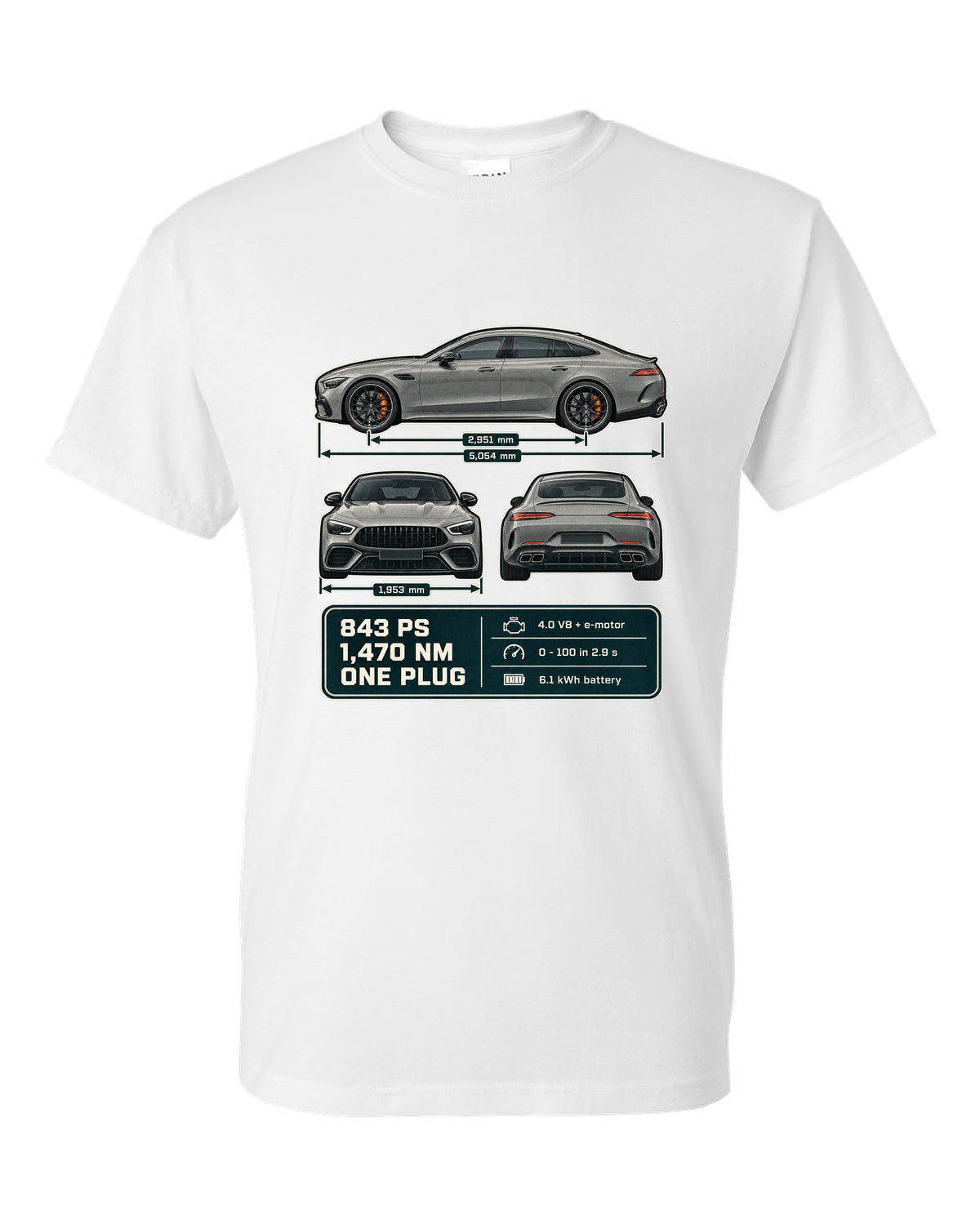 Mercedes-AMG GT 63 S E Performance 4-Door three-view warm grey print white t-shirt front view with the design