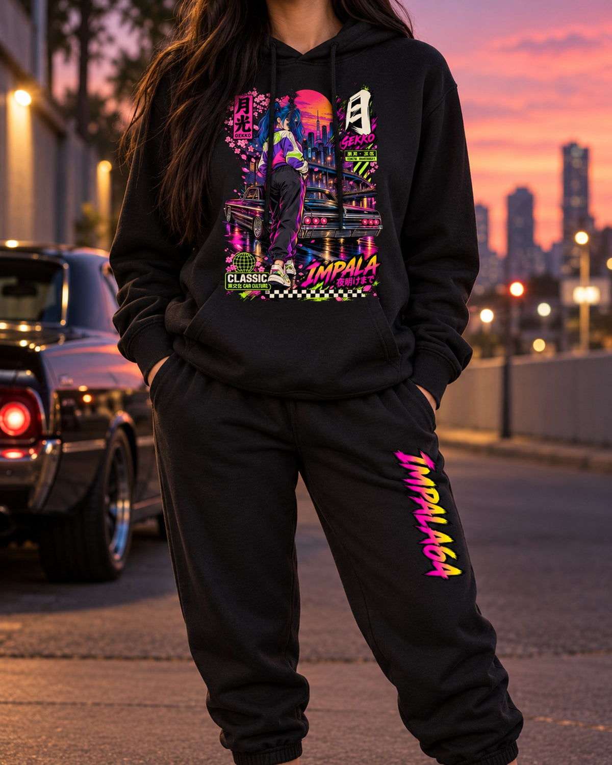 IMPALA64 Gekko Anime Girl Poster Hoodie + Jogger Set Black worn hero