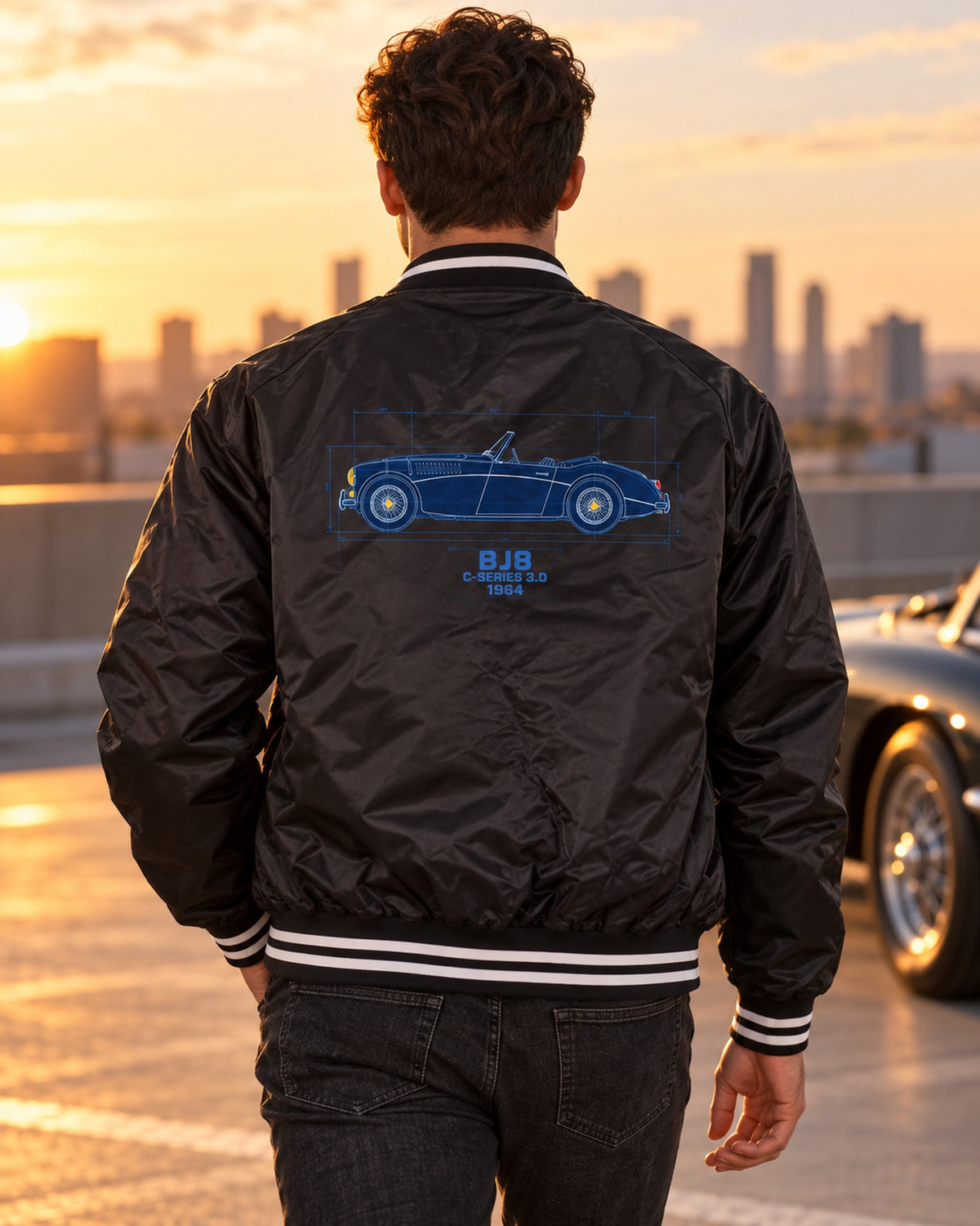 Austin-Healey 3000 Mk III BJ8 Blueprint Tee, Big Healey Bomber Jacket Black worn hero