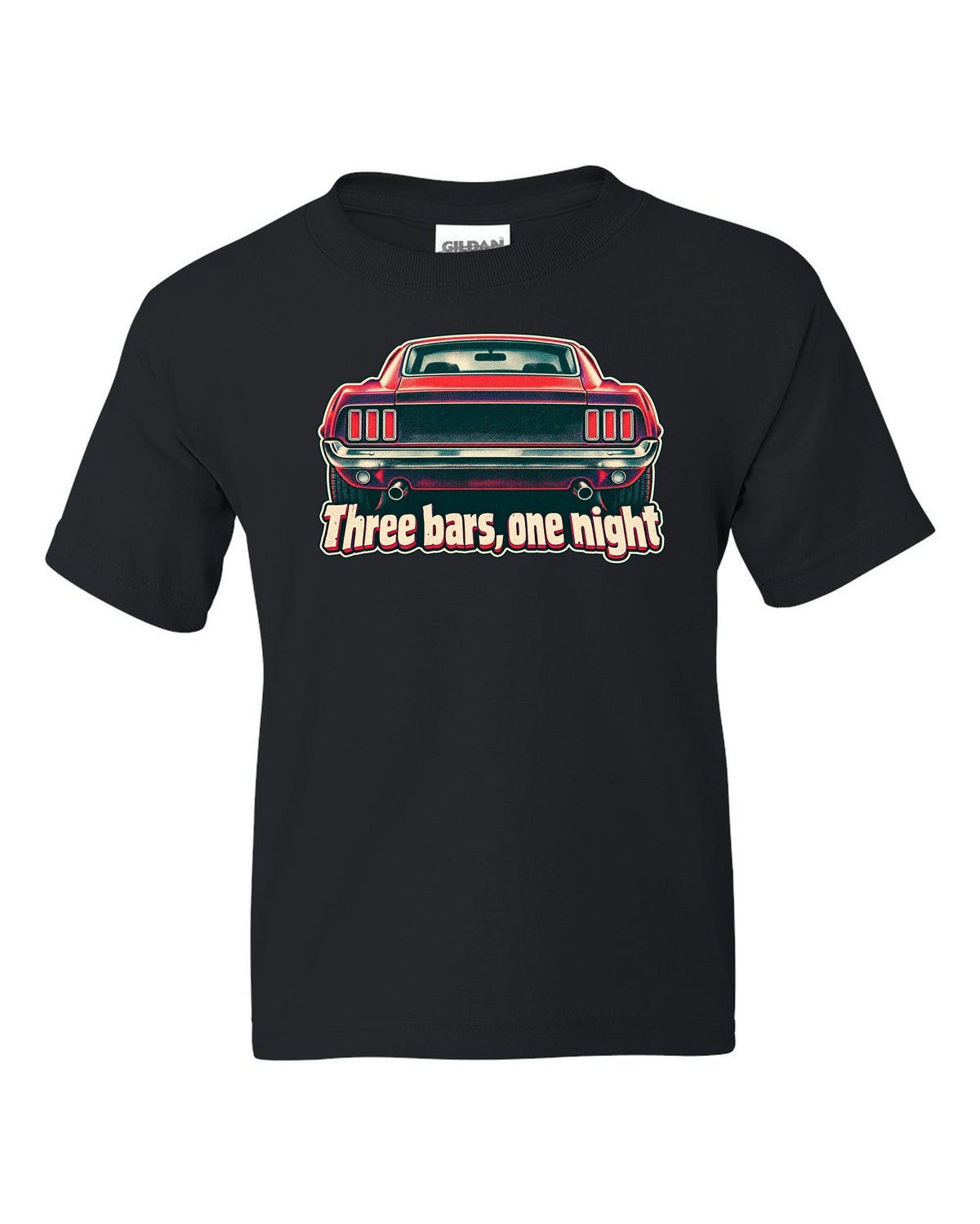 Risograph halftone print of the 1969 Ford Mustang fastback taillights with three bars black kids tee front view with the design