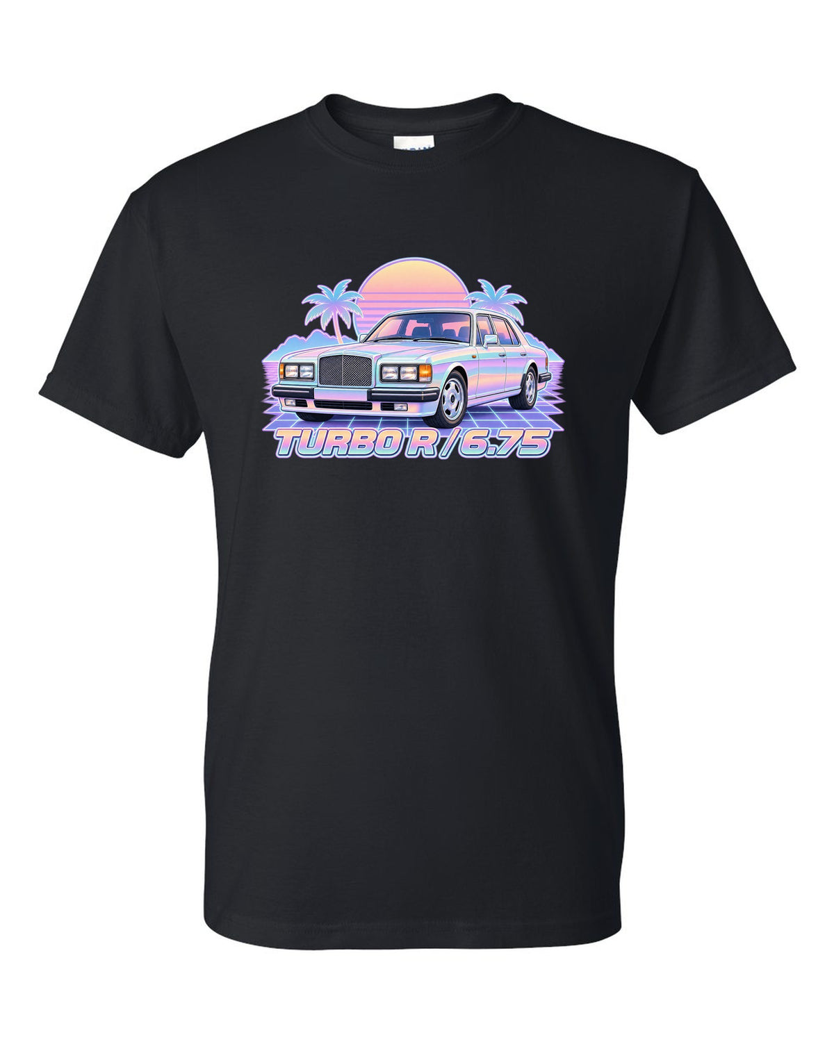 Pastel vaporwave illustration of a Bentley Turbo R front grille with TURBO R 6.75 lettering black t-shirt front view with the design