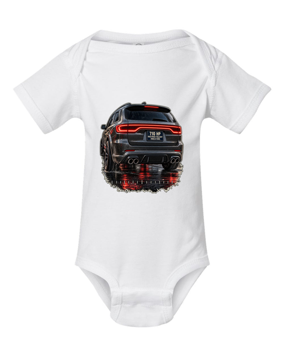 print of a Dodge Durango SRT Hellcat taillight close-up white baby onesie front view with the design