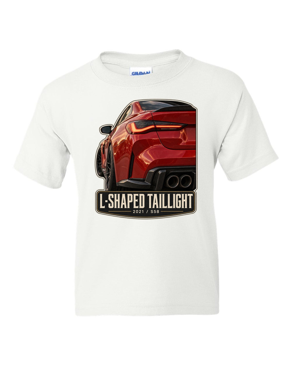 BMW M4 Competition G82 L-shaped taillight macro print with 2021 and S58 text white kids tee front view with the design