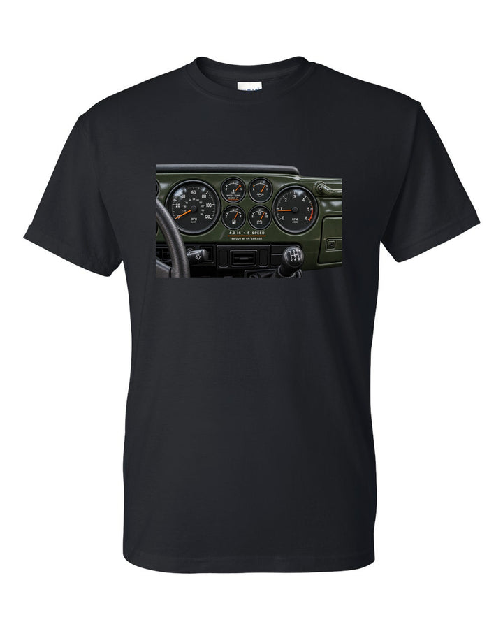 Gauge cluster print for the Jeep Wrangler TJ 4.0 I6, 1997-2006 black t-shirt front view with the design
