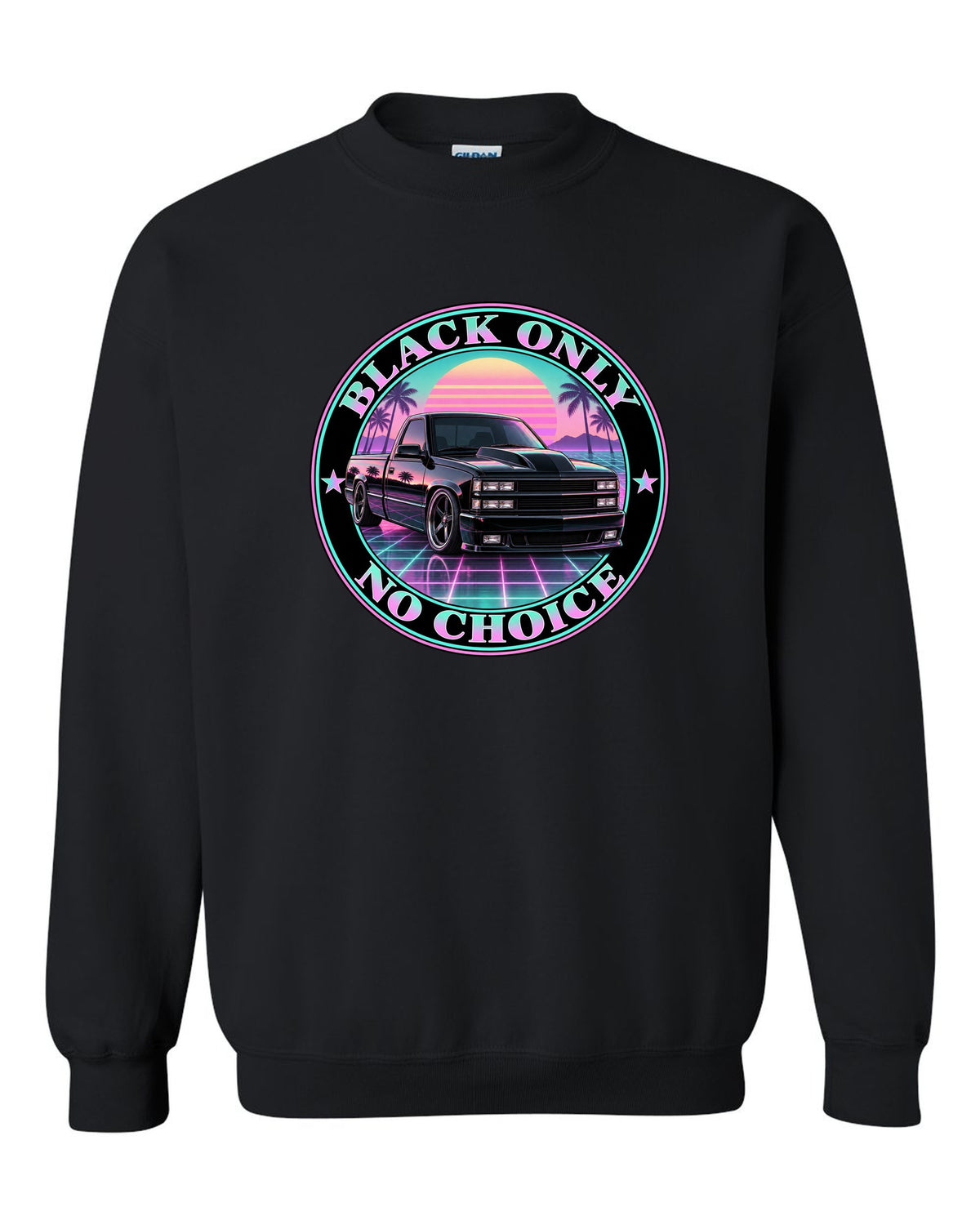 Pastel vaporwave print of a 1990-93 Chevrolet 454 SS pickup with black only no choice lettering black crewneck front view with the design