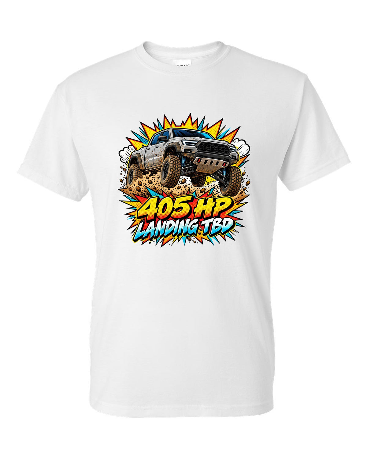 Ford Ranger Raptor P703 mid-jump in a comic pop-art burst print white t-shirt front view with the design
