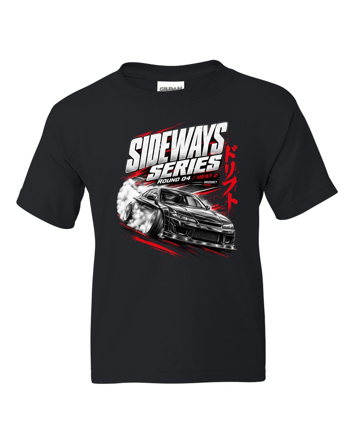 Race poster print of a Nissan Silvia S15 with Sideways Series Round 04 lettering black kids tee front view with the design